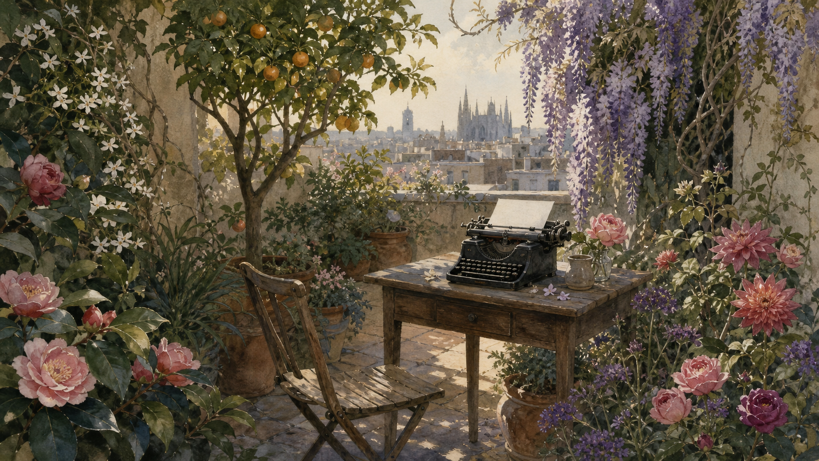 Jardí mediterrani amb una màquina d’escriure, flors i una cadira buida, inspirat en l’univers de Mercè Rodoreda